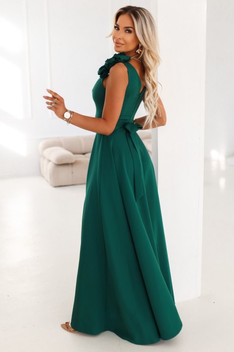 643-1 Elegancka wieczorowa suknia maxi z rozcięciem i różami - butelkowa zieleń - L