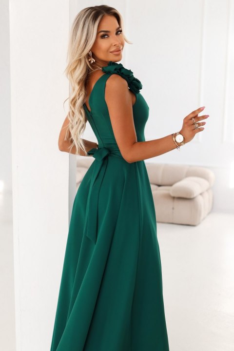 643-1 Elegancka wieczorowa suknia maxi z rozcięciem i różami - butelkowa zieleń - S