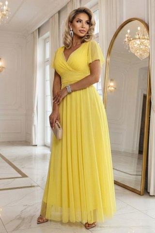 562-8 NASTIA Długa sukienka z dekoltem, wiązaniem i krótkim rękawkiem - cytrynowe limoncello - UNI