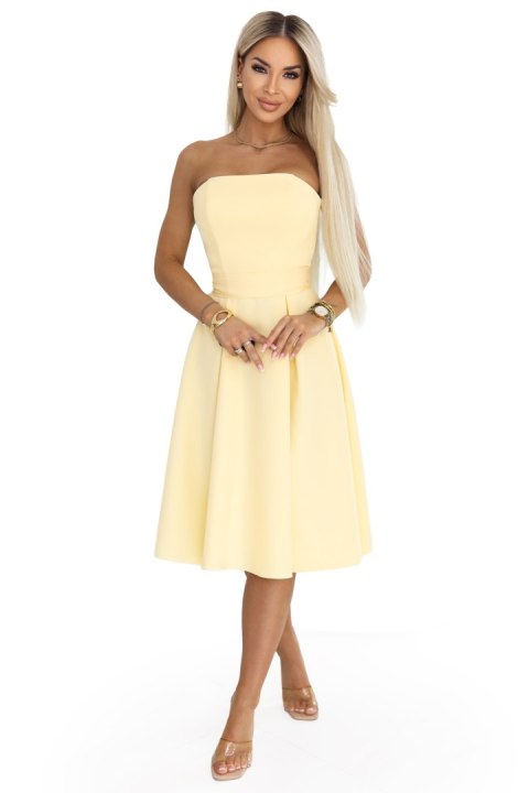 641-3 VIVIENNE gorsetowa rozkloszowana sukienka midi z paskiem - pastelowy żółty - L