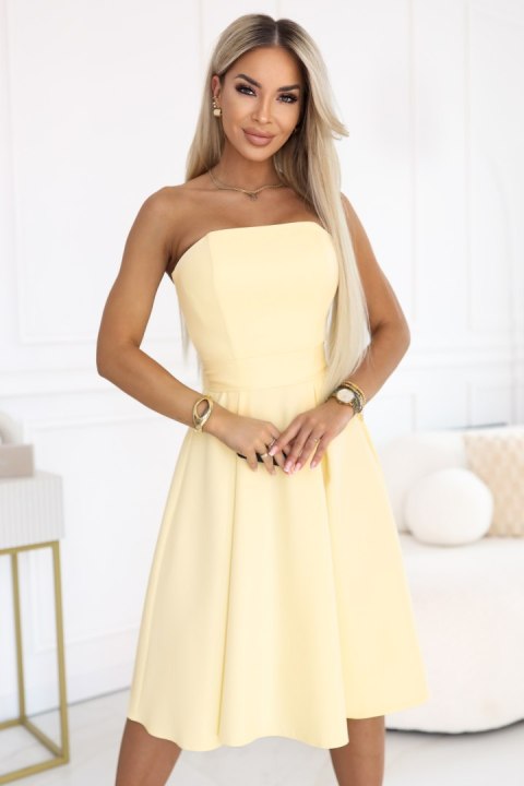641-3 VIVIENNE gorsetowa rozkloszowana sukienka midi z paskiem - pastelowy żółty - XL