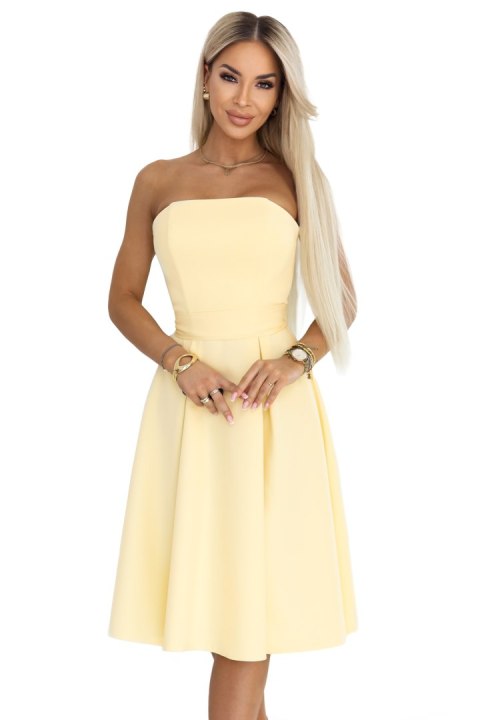 641-3 VIVIENNE gorsetowa rozkloszowana sukienka midi z paskiem - pastelowy żółty - XL