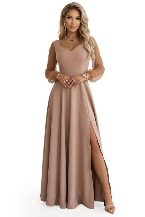 640-4 LORETTA wyjątkowa długa sukienka z tiulowymi rękawami i dekoltem - beżowa - L