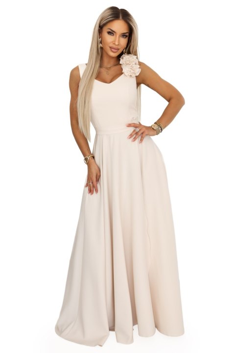 643-3 Elegancka wieczorowa suknia maxi z rozcięciem i różami - beżowa - M