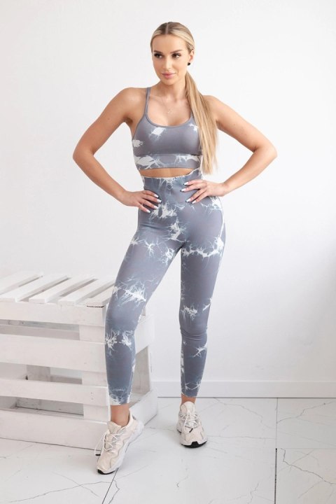 Szaro-biały komplet fitness: Top sportowy i legginsy push-up z wysokim stanem