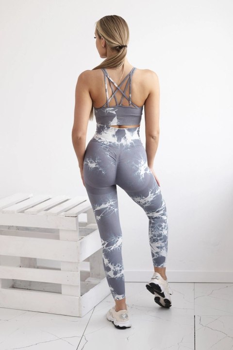 Szaro-biały komplet fitness: Top sportowy i legginsy push-up z wysokim stanem