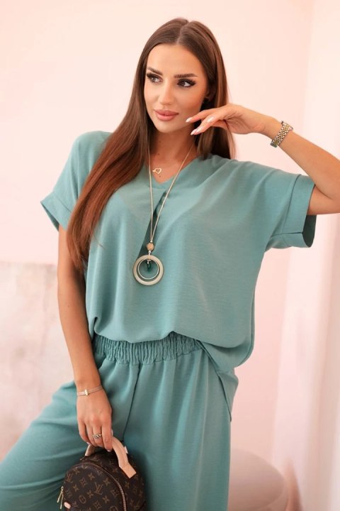 Komplet z naszyjnikiem bluzka + spodnie ciemny miętowy