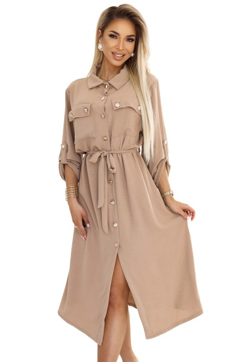 531-3 Szmizjerka midi ze złotymi guzikami i wiązaniem - MOCHA MOUSSE - UNI