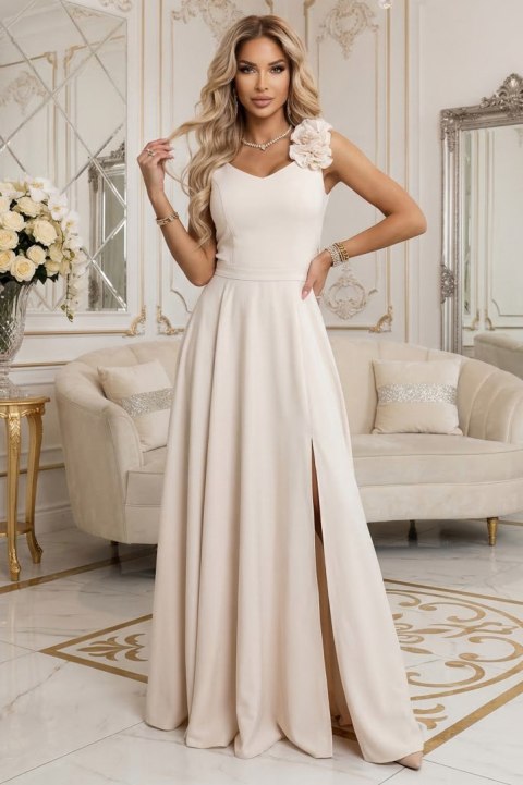 643-3 Elegancka wieczorowa suknia maxi z rozcięciem i różami - beżowa - L