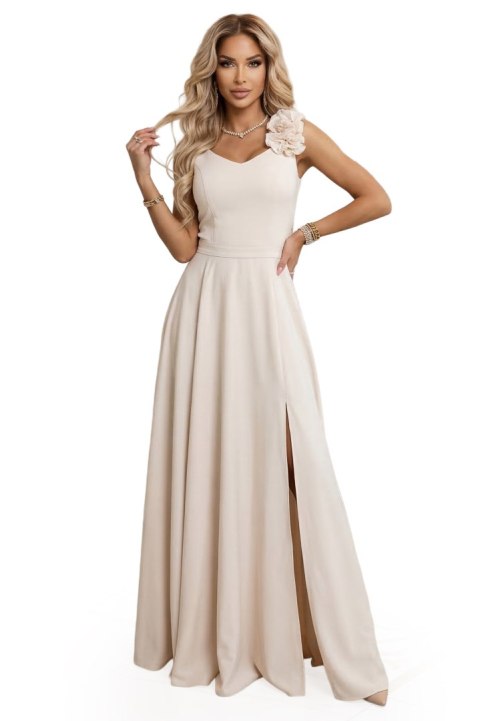 643-3 Elegancka wieczorowa suknia maxi z rozcięciem i różami - beżowa - L