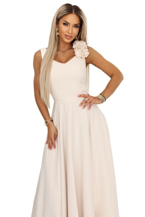 643-3 Elegancka wieczorowa suknia maxi z rozcięciem i różami - beżowa - L