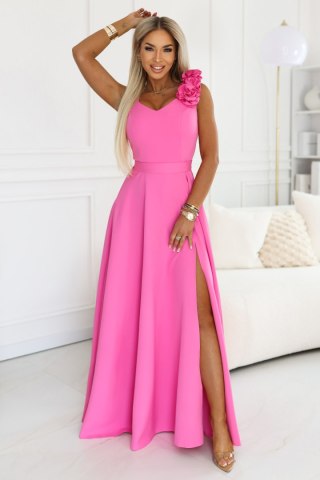 643-6 Elegancka wieczorowa suknia maxi z rozcięciem i różami - cukierkowy róż - XS