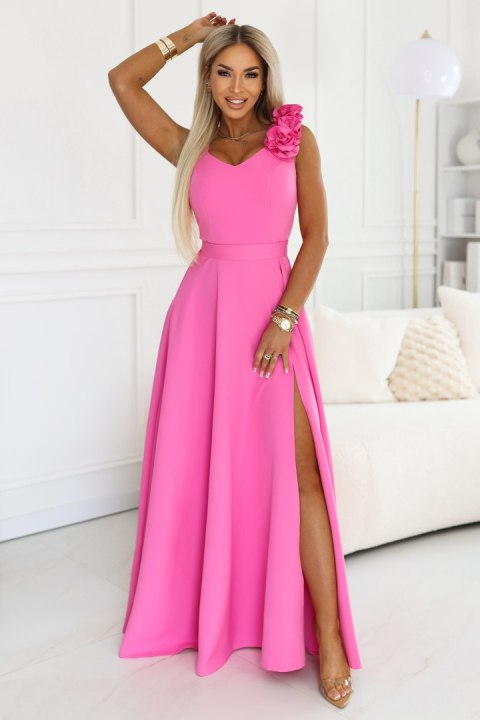 643-6 Elegancka wieczorowa suknia maxi z rozcięciem i różami - cukierkowy róż - XS