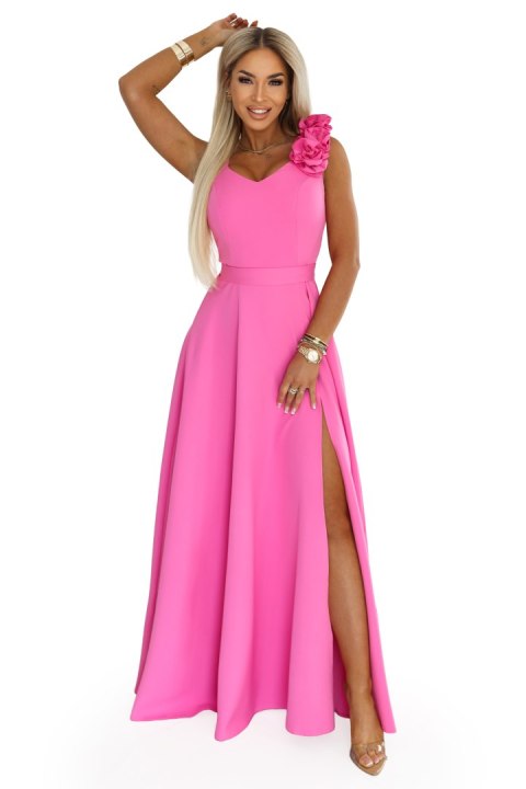 643-6 Elegancka wieczorowa suknia maxi z rozcięciem i różami - cukierkowy róż - XS
