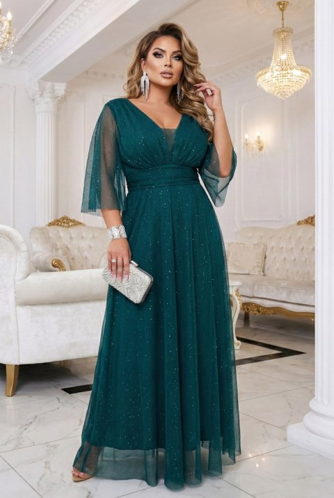 654-1 Długa połyskująca sukienka plus size z dekoltem i transparentnym rękawkiem - zieleń butelkowa - UNI