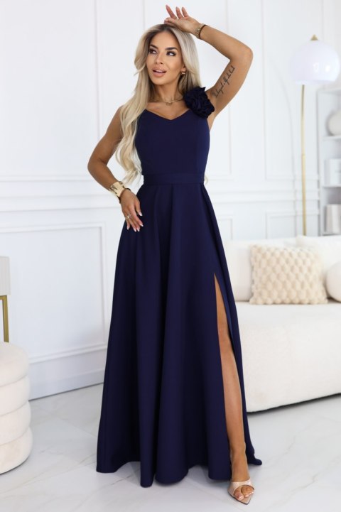 643-4 Elegancka wieczorowa suknia maxi z rozcięciem i różami - granatowa - M