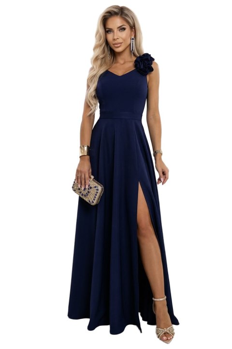 643-4 Elegancka wieczorowa suknia maxi z rozcięciem i różami - granatowa - M