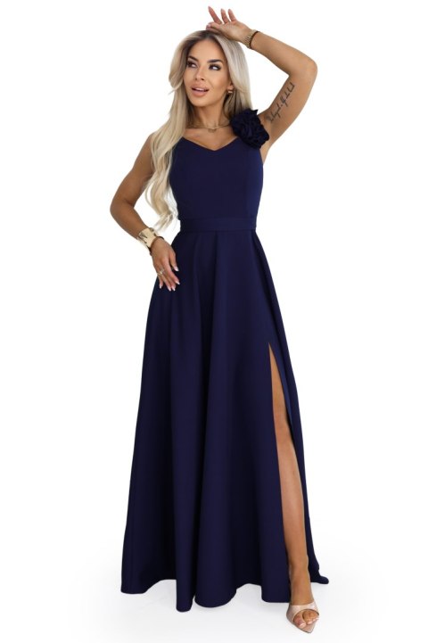 643-4 Elegancka wieczorowa suknia maxi z rozcięciem i różami - granatowa - M