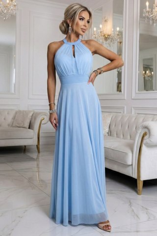 662-1 Elegancka sukienka wieczorowa maxi halter z tiulem i wiązaniem w talii - błękitna - UNI