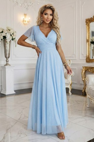 635-6 MELANIA długa błyszcząca suknia na wesele z dekoltem i krótkim rękawkiem - błękitna - UNI