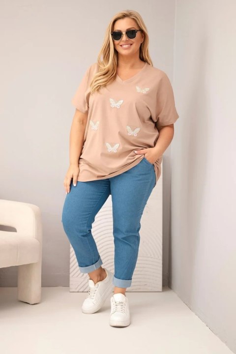 Camelowa bluzka bawełniana Plus Size z aplikacją motyli