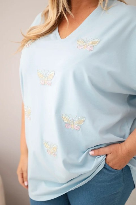 Bluzka damska bawełniana Plus Size z motylkami niebieska