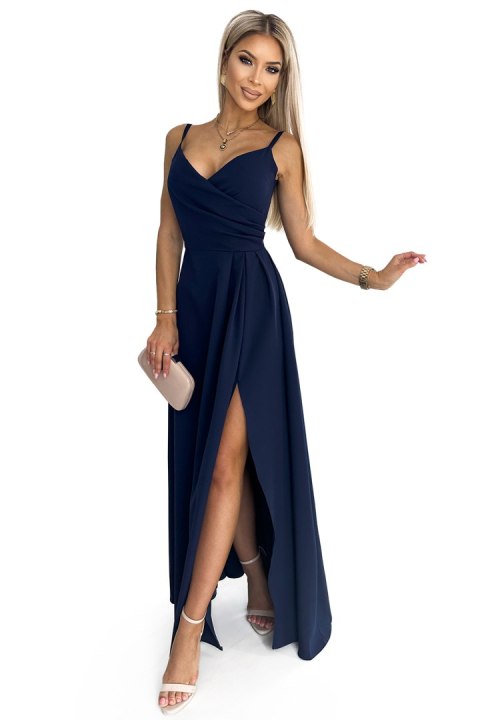 299-7 CHIARA elegancka maxi długa suknia na ramiączkach - GRANATOWA - S