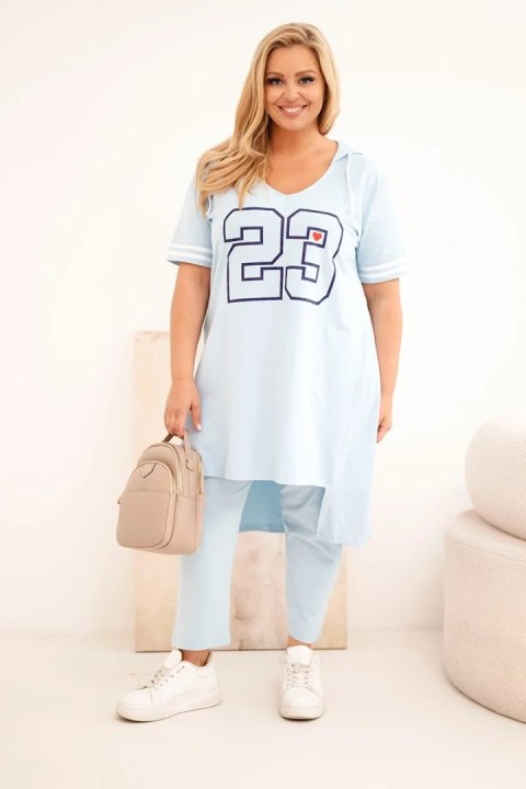 Komplet damski bawełniany Plus Size z bluzką z kapturem i spodniami niebieski