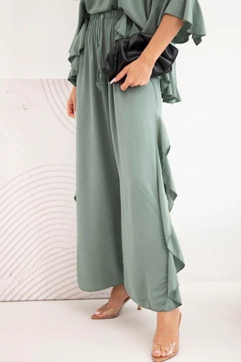 Komplet damski wiskozowy boho z falbanami khaki
