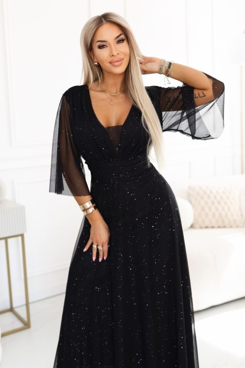 654-5 Długa połyskująca sukienka plus size z dekoltem i transparentnym rękawkiem - czarna - UNI
