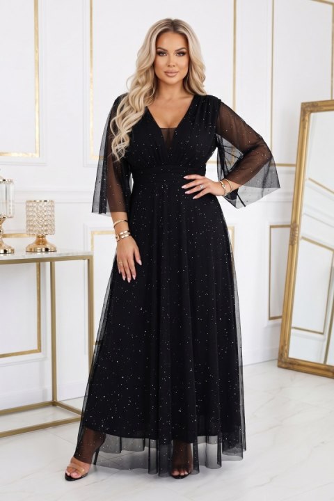 654-5 Długa połyskująca sukienka plus size z dekoltem i transparentnym rękawkiem - czarna - UNI