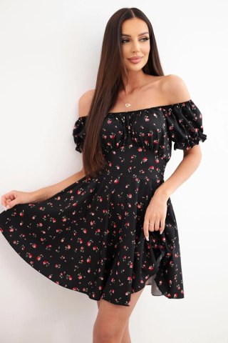 Sukienka damska w drobne kwiaty z falbanką i dekoltem czarna