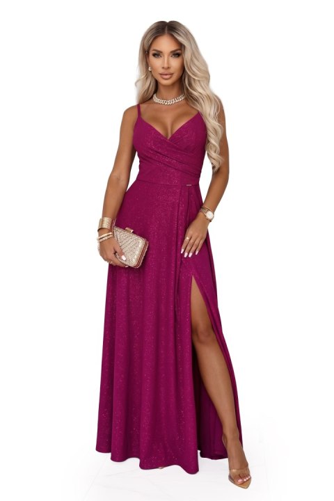 299-21 CHIARA wieczorowa maxi długa suknia na ramiączkach - brokatowa fuksja - XL