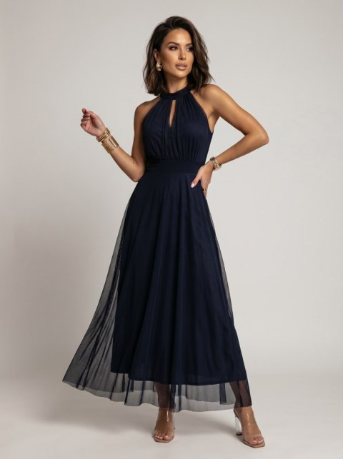 662-3 Elegancka sukienka wieczorowa maxi halter z tiulem i wiązaniem w talii - granatowa - UNI