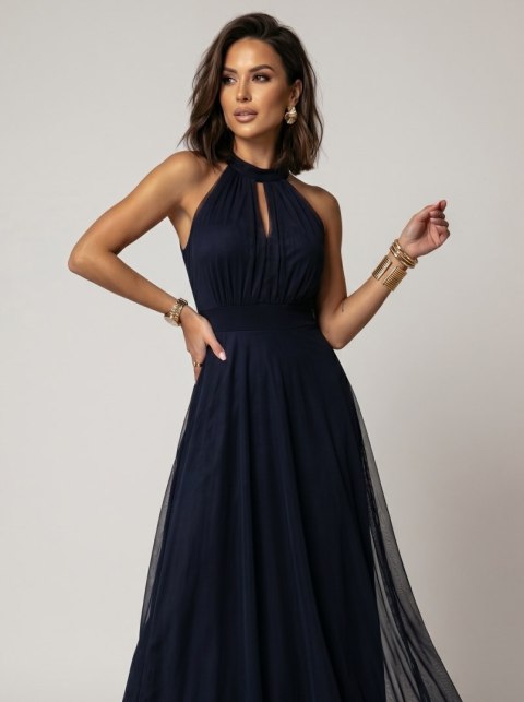 662-3 Elegancka sukienka wieczorowa maxi halter z tiulem i wiązaniem w talii - granatowa - UNI