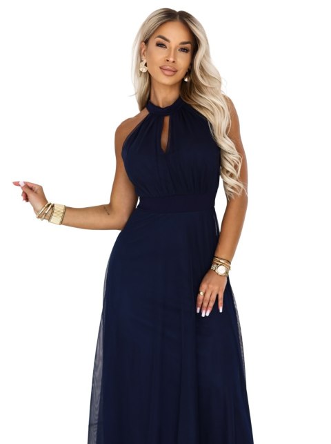 662-3 Elegancka sukienka wieczorowa maxi halter z tiulem i wiązaniem w talii - granatowa - UNI