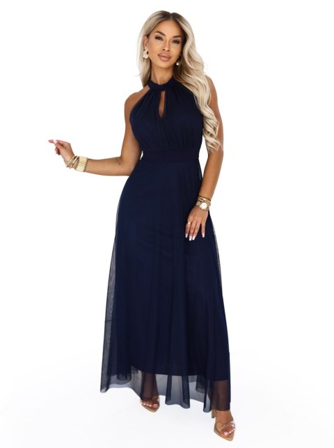 662-3 Elegancka sukienka wieczorowa maxi halter z tiulem i wiązaniem w talii - granatowa - UNI