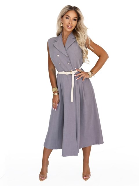 596-5 Elegancka szmizjerka midi ze złotymi guzikami i paskiem - szara - UNI