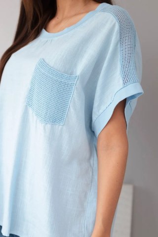 Bluzka damska bawełniana oversize z kieszenią i siateczką niebieska