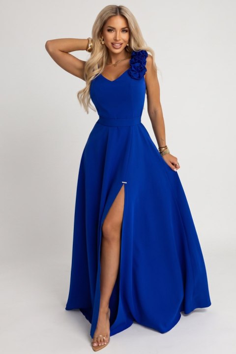643-8 Elegancka wieczorowa suknia maxi z rozcięciem i różami - chabrowa - XL