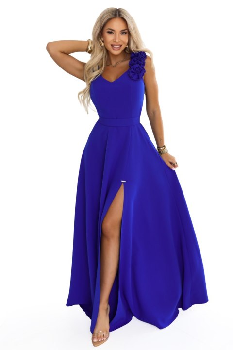 643-8 Elegancka wieczorowa suknia maxi z rozcięciem i różami - chabrowa - XXL