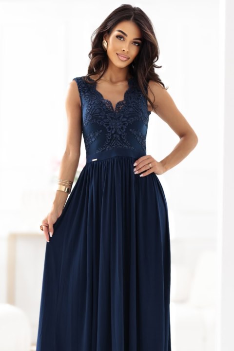 215-6 LEA długa elegancka suknia maxi z koronkową górą i rozcięciem na nodze - granatowa - M