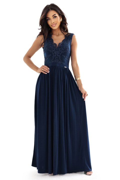 215-6 LEA długa elegancka suknia maxi z koronkową górą i rozcięciem na nodze - granatowa - M