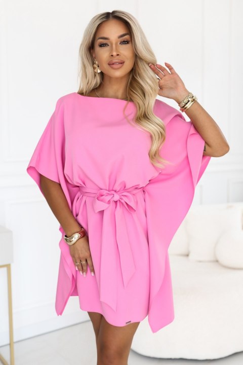 287-44 SOFIA Różowa sukienka motyl z wiązaniem w pasie - cukierkowy róż - L/XL