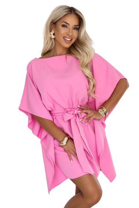 287-44 SOFIA Różowa sukienka motyl z wiązaniem w pasie - cukierkowy róż - L/XL