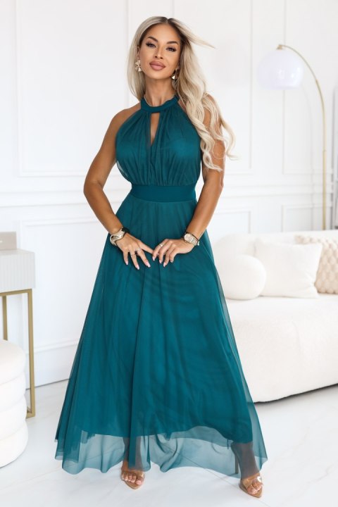 662-4 Elegancka sukienka wieczorowa maxi halter z tiulem i wiązaniem w talii - zielona - UNI
