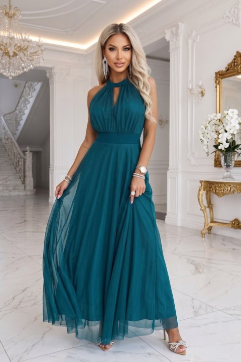 662-4 Elegancka sukienka wieczorowa maxi halter z tiulem i wiązaniem w talii - zielona - UNI