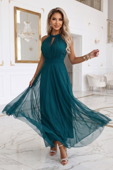 662-4 Elegancka sukienka wieczorowa maxi halter z tiulem i wiązaniem w talii - zielona - UNI