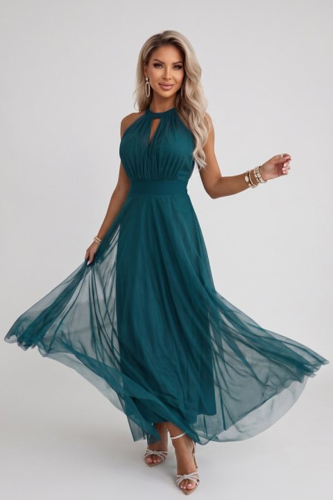 662-4 Elegancka sukienka wieczorowa maxi halter z tiulem i wiązaniem w talii - zielona - UNI