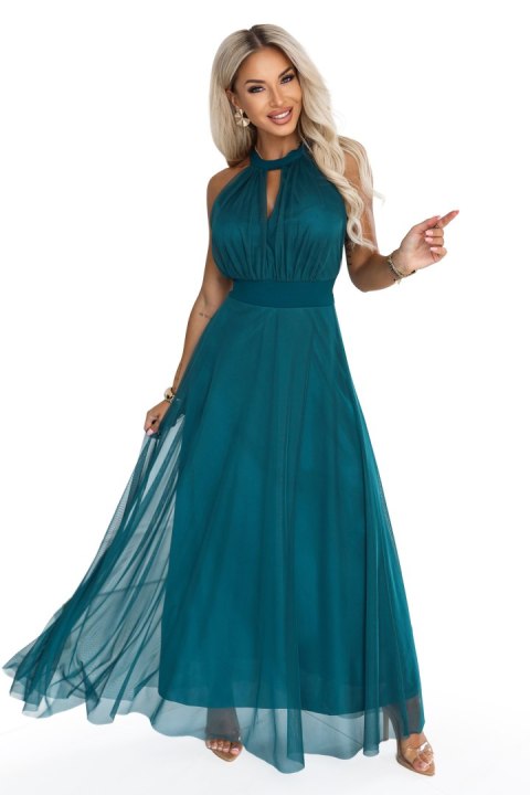 662-4 Elegancka sukienka wieczorowa maxi halter z tiulem i wiązaniem w talii - zielona - UNI